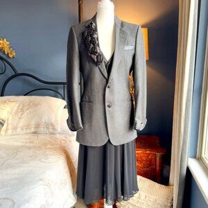 Vintage 90s Grey Pinstriped Suit Blazer and Vest w Sheer Skirt